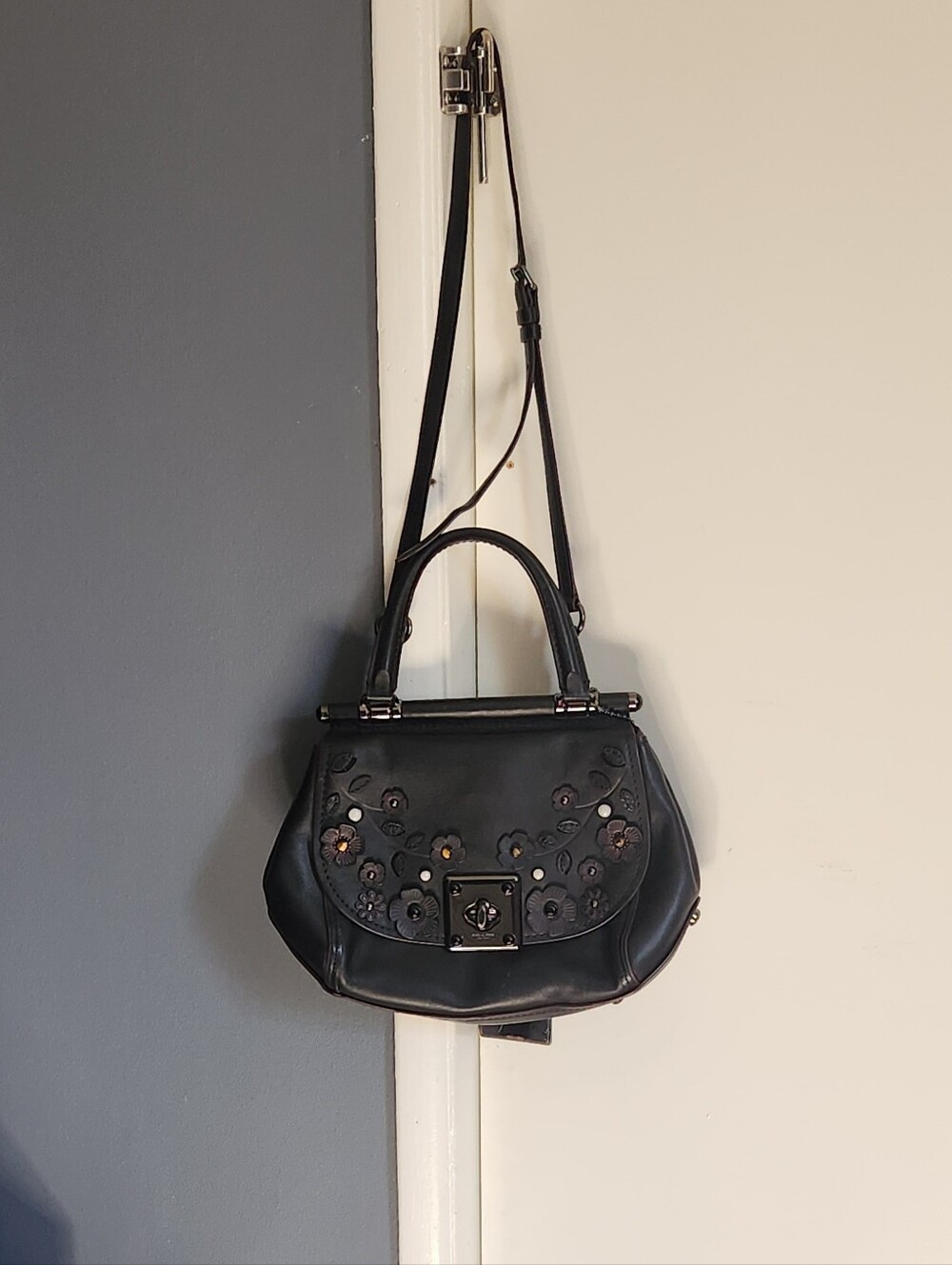Coach Black Floral Appliqué Satchel with Top Handle & Strap - Picture 2 of 5